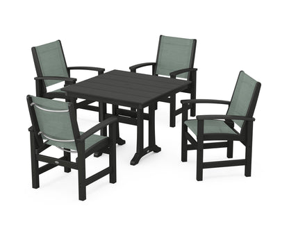 POLYWOOD® Coastal 5-Piece Farmhouse Dining Set With Trestle Legs in Black / Dupioni Sea Mist Sling