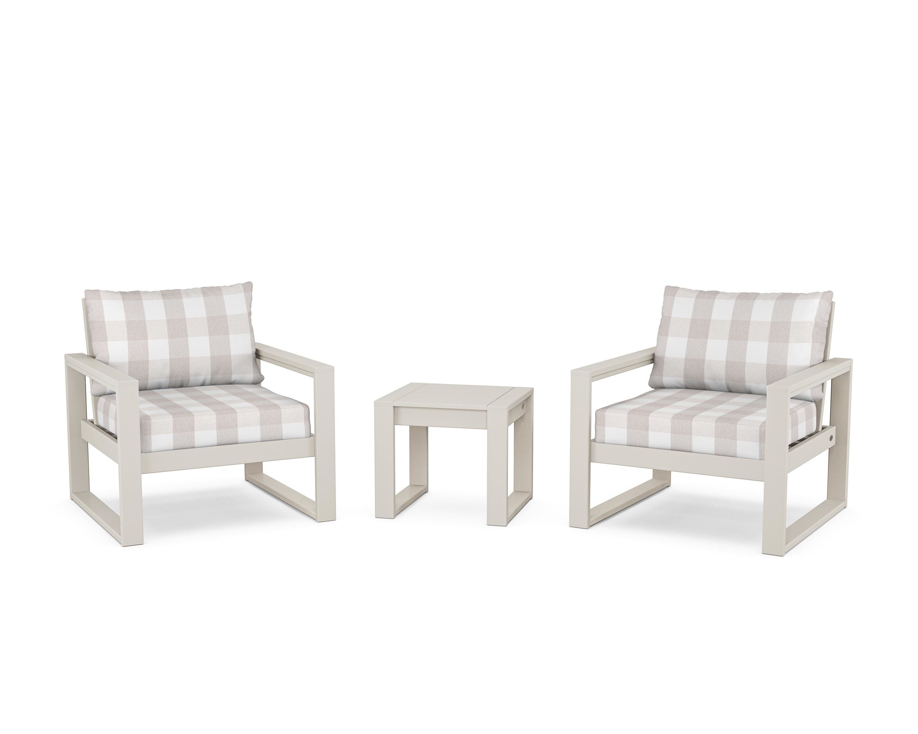 POLYWOOD® EDGE Sectional 3-Piece Deep Seating Set in Sand / Buffalo Plaid Dune Burlap
