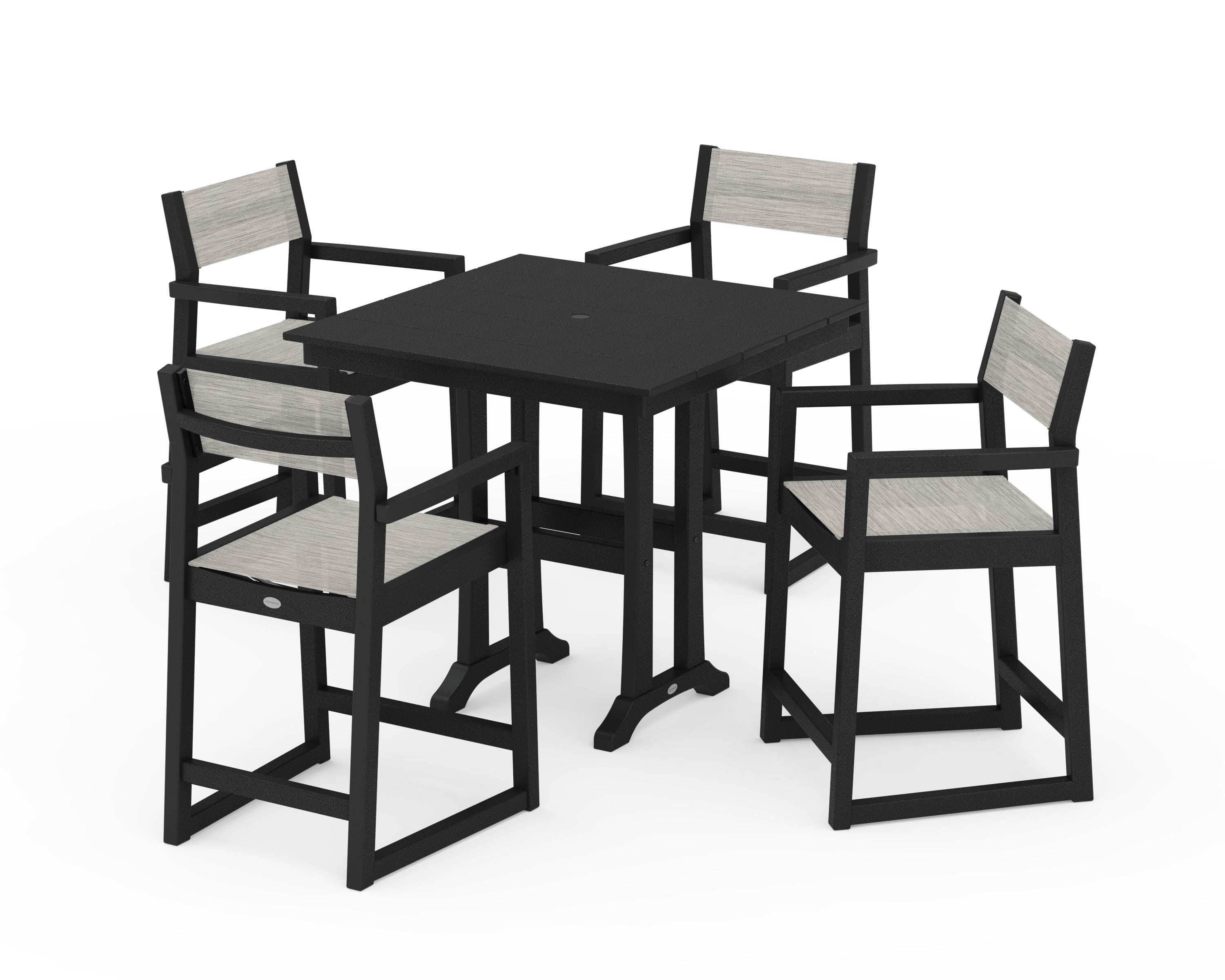 POLYWOOD® EDGE Sling Arm Chair 5-Piece Farmhouse Counter Set with Trestle Legs in Black / Birch Sling