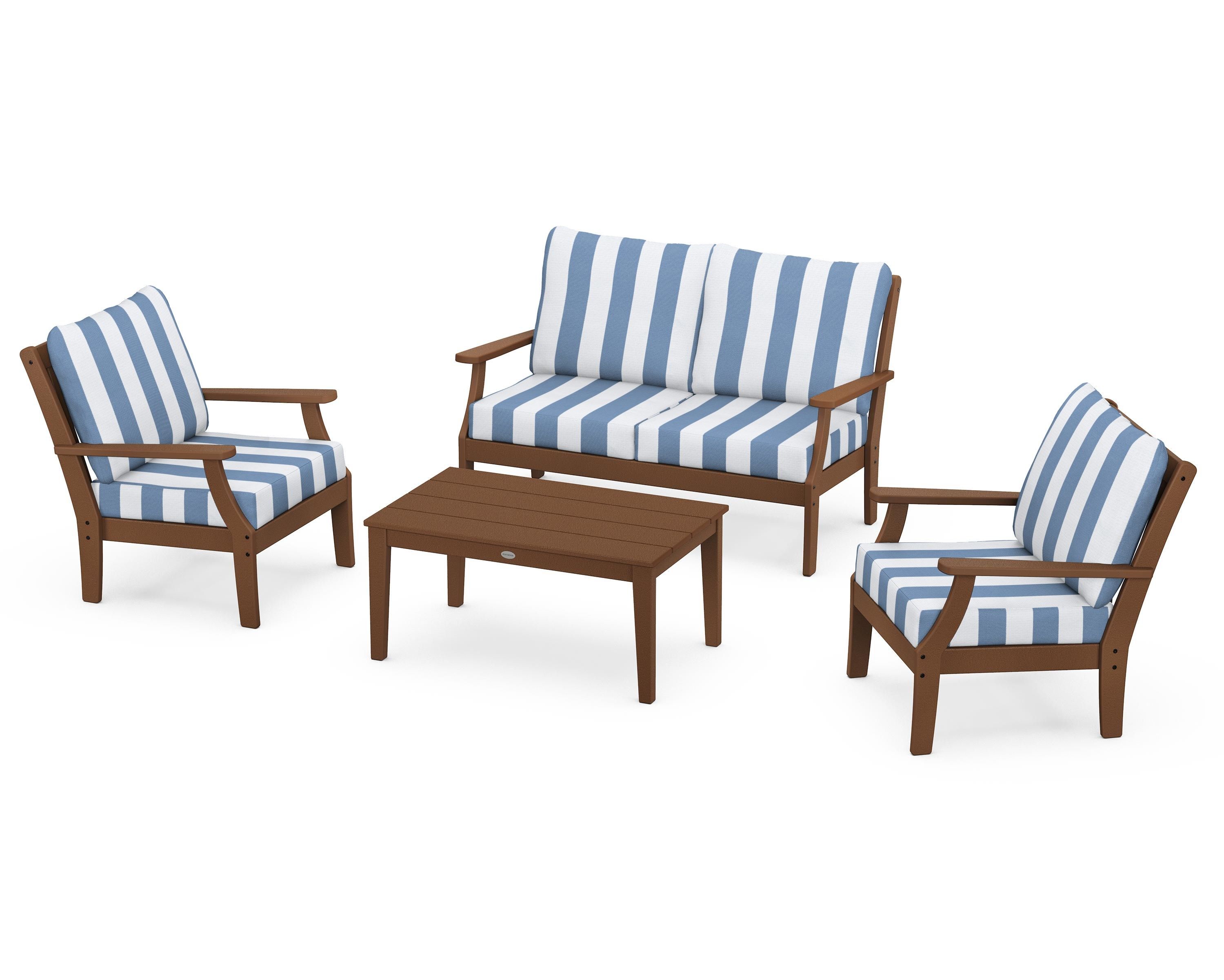 POLYWOOD® Braxton 4-Piece Deep Seating Chair Set in Teak / Cabana Stripe Sky Blue