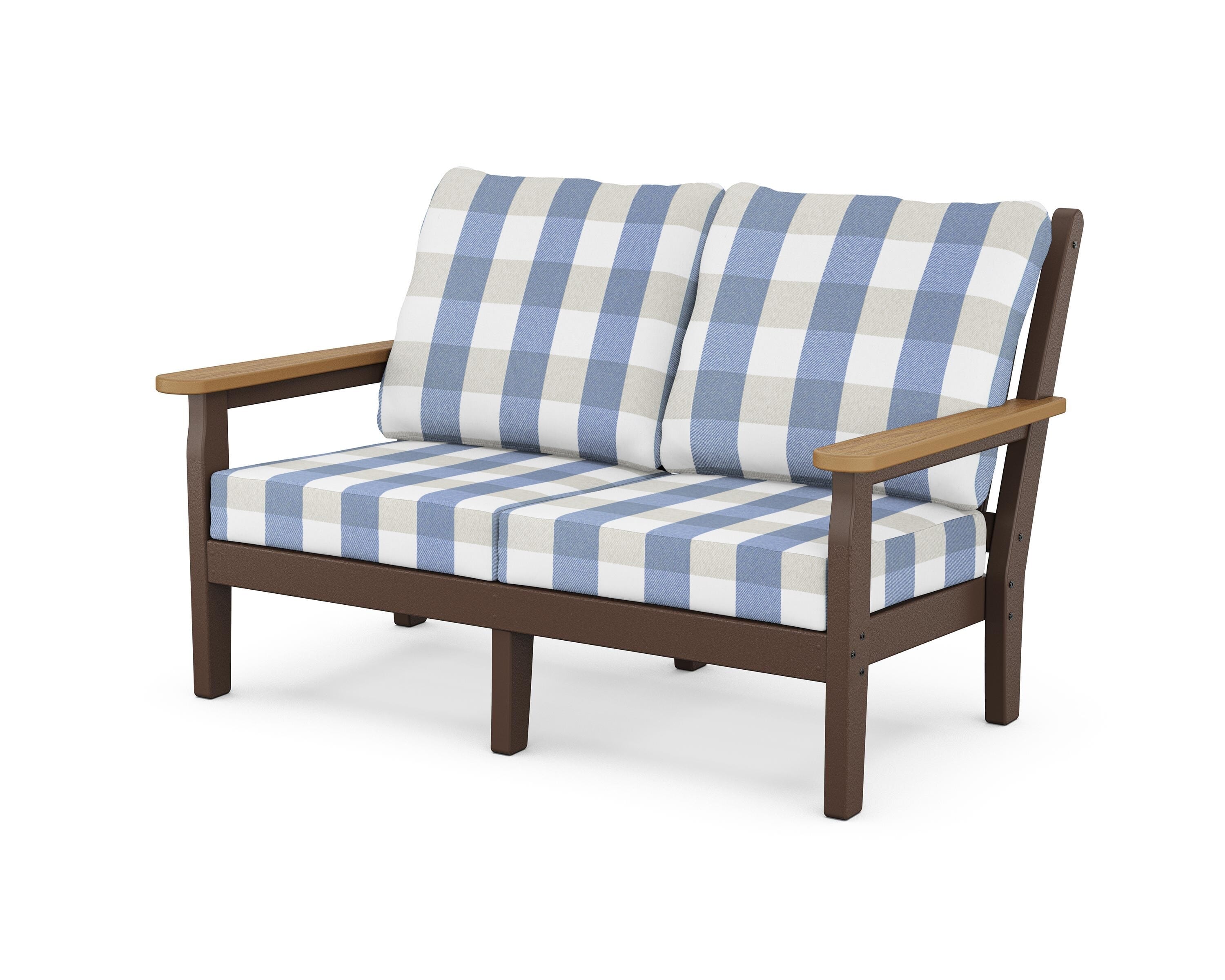 POLYWOOD® Chippendale Deep Seating Loveseat in Mahogany / Natural / Buffalo Plaid Sky Blue