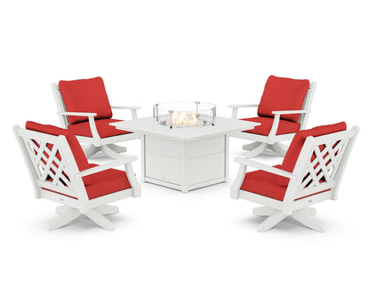 Country Living Wovendale 5-Piece Deep Seating Swivel Conversation Set with Fire Pit Table in White / Crimson Linen