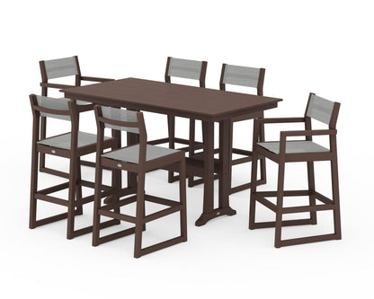POLYWOOD® EDGE Sling 7-Piece Farmhouse Bar Set with Trestle Legs in Mahogany / Metallic Sling