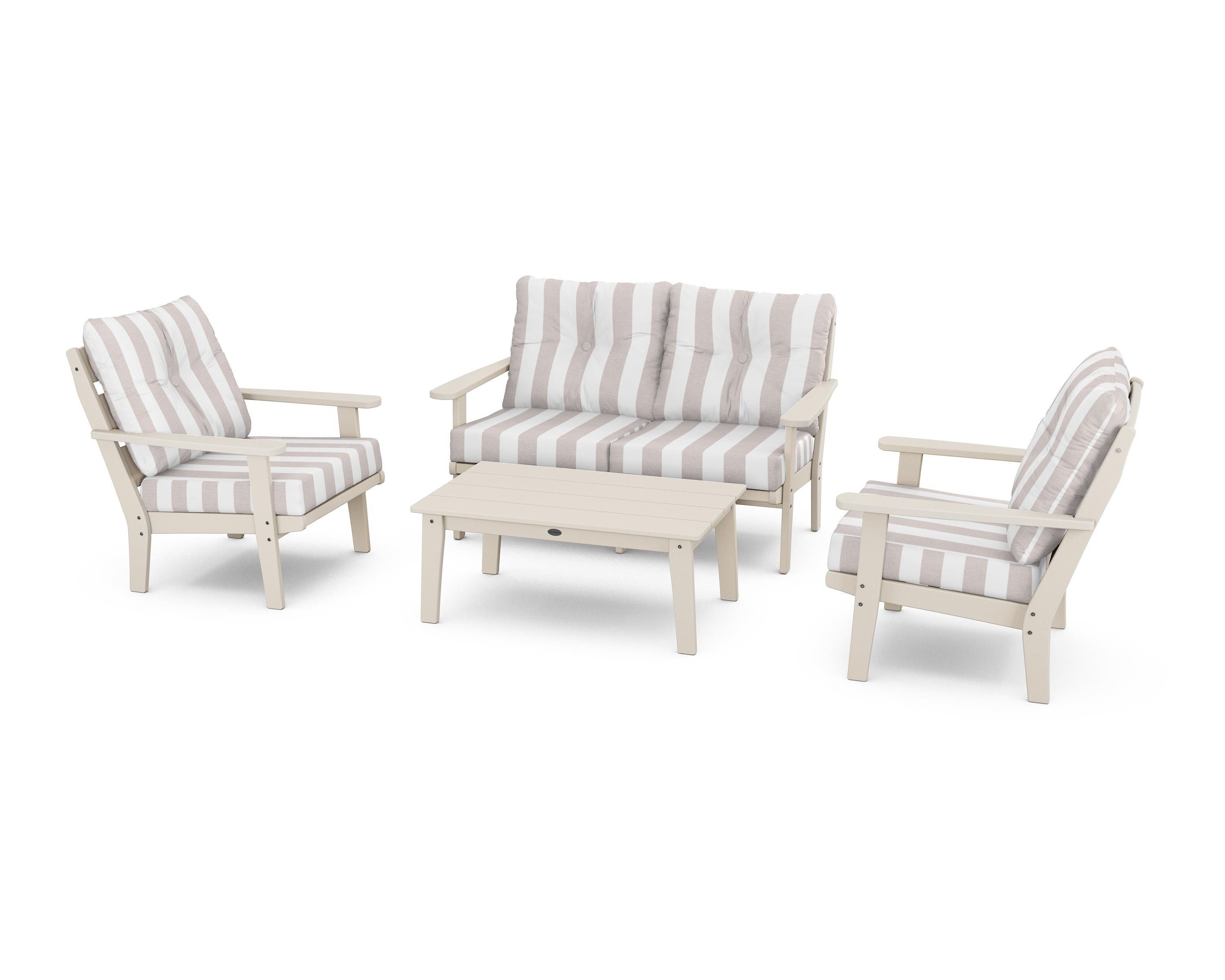 POLYWOOD® Lakeside 4-Piece Deep Seating Set in Sand / Cabana Stripe Dune Burlap