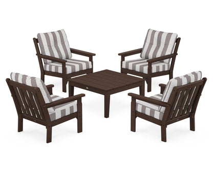 POLYWOOD® Vineyard 5-Piece Deep Seating Conversation Set in Mahogany / Cabana Stripe Grey Mist