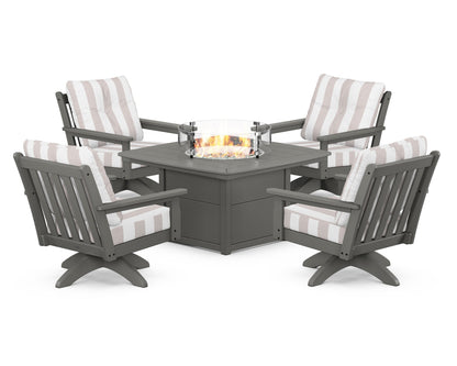 POLYWOOD® Vineyard 5-Piece Deep Seating Swivel Conversation Set with Fire Pit Table in Slate Grey / Cabana Stripe Dune Burlap