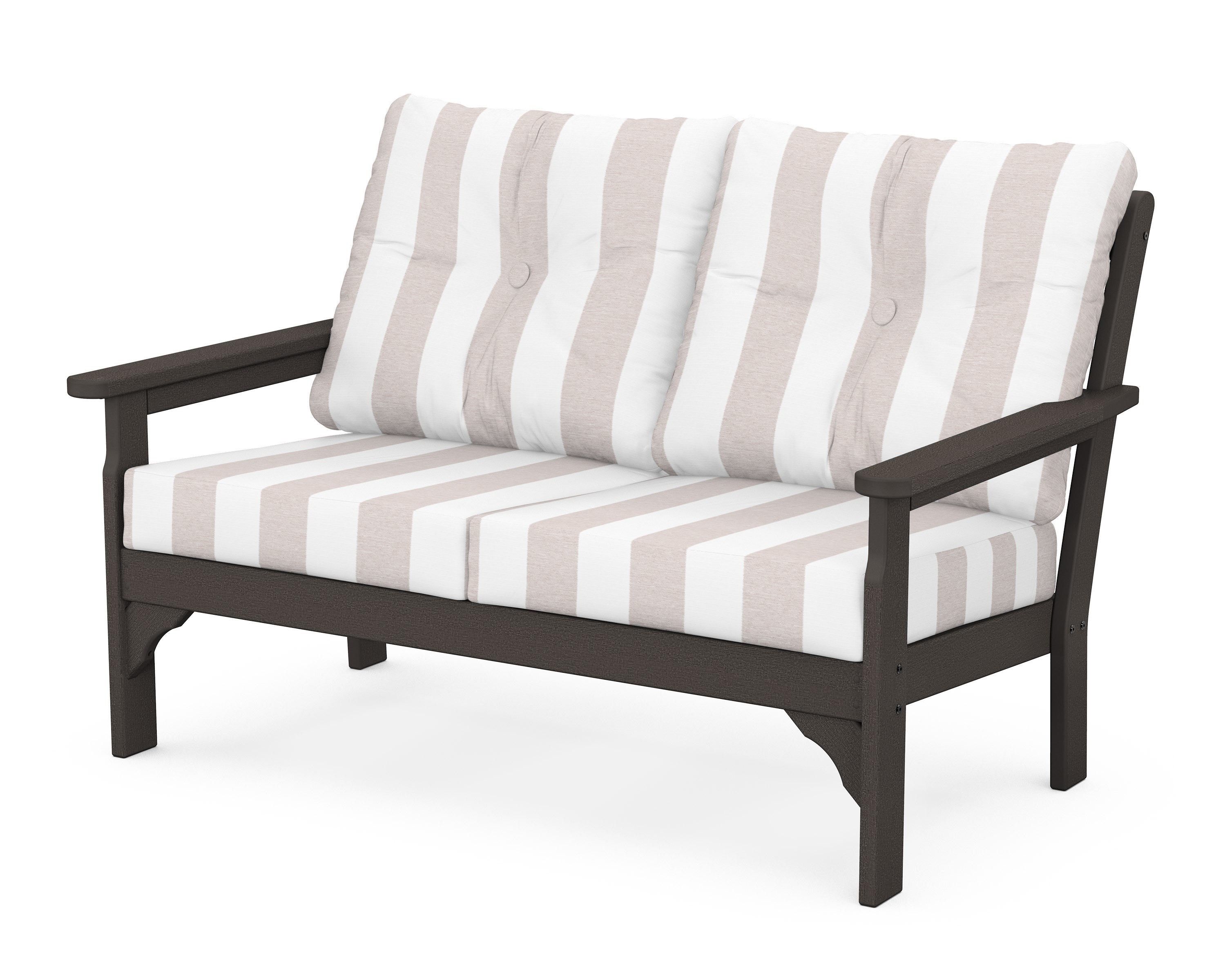 POLYWOOD® Vineyard Deep Seating Loveseat in Vintage Coffee / Cabana Stripe Dune Burlap