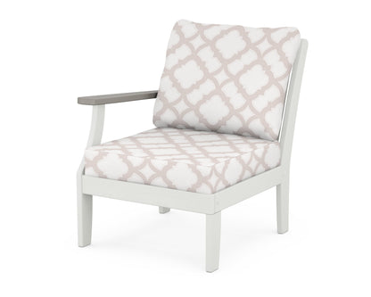 POLYWOOD® Braxton Modular Left Arm Chair in White / Driftwood / Trellis Dune Burlap