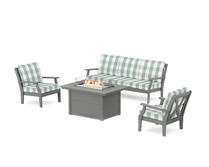 POLYWOOD® Braxton Deep Seating Fire Pit Table Set in Slate Grey / Buffalo Plaid Glacier Spa