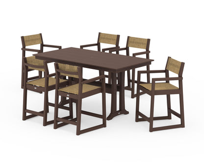 POLYWOOD® EDGE Sling Arm Chair 7-Piece Farmhouse Counter Set with Trestle Legs in Mahogany / Burlap Sling