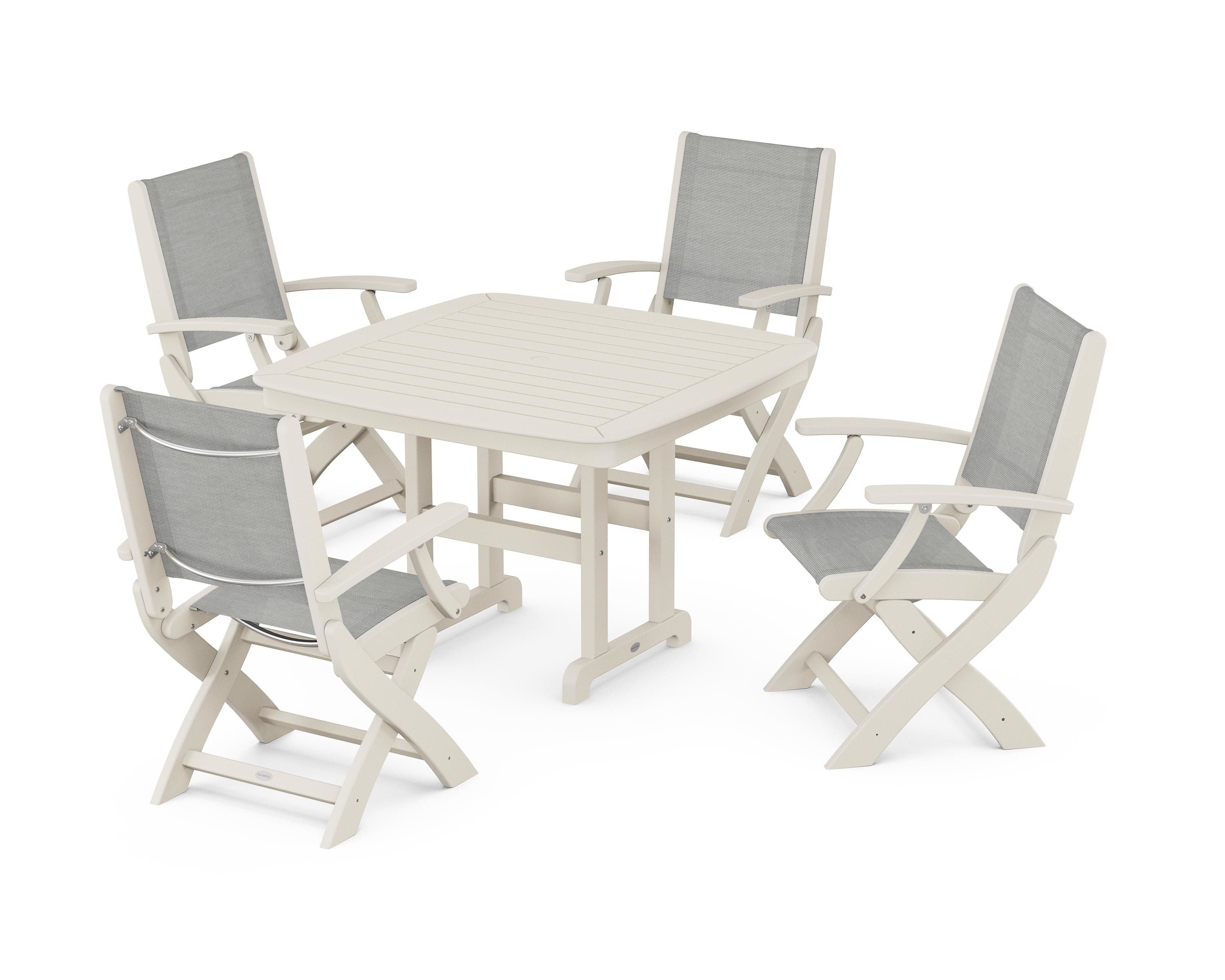 POLYWOOD® Coastal Folding Chair 5-Piece Dining Set in Sand / Metallic Sling