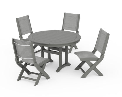 POLYWOOD® Coastal Folding Side Chair 5-Piece Round Dining Set With Trestle Legs in Slate Grey / Metallic Sling