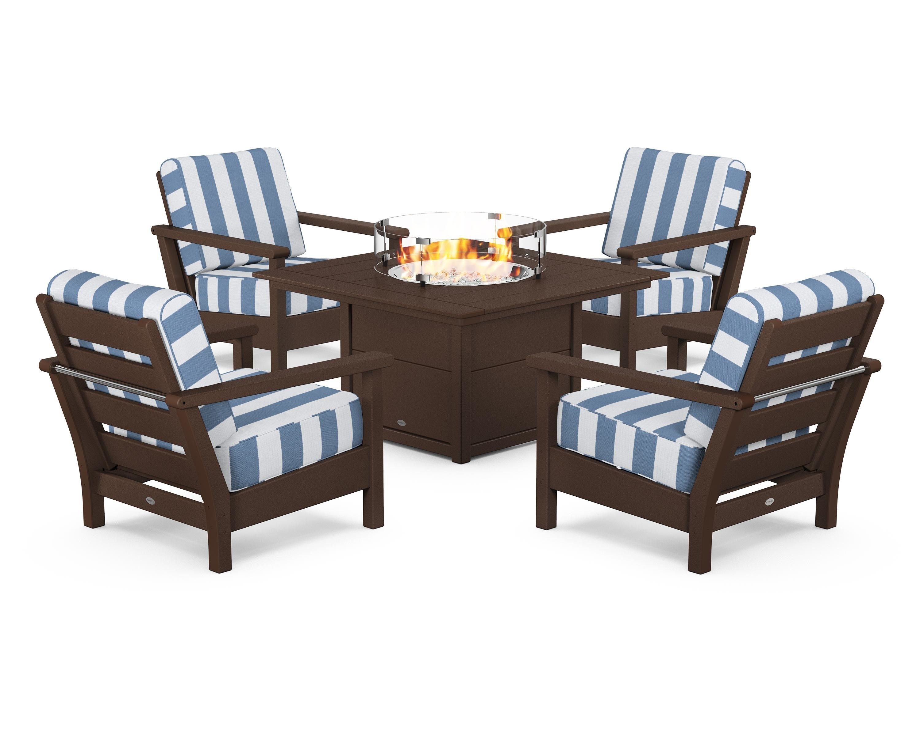 POLYWOOD® Harbour 5-Piece Conversation Set with Fire Pit Table in Mahogany / Cabana Stripe Sky Blue