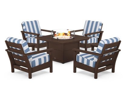 POLYWOOD® Harbour 5-Piece Conversation Set with Fire Pit Table in Mahogany / Cabana Stripe Sky Blue