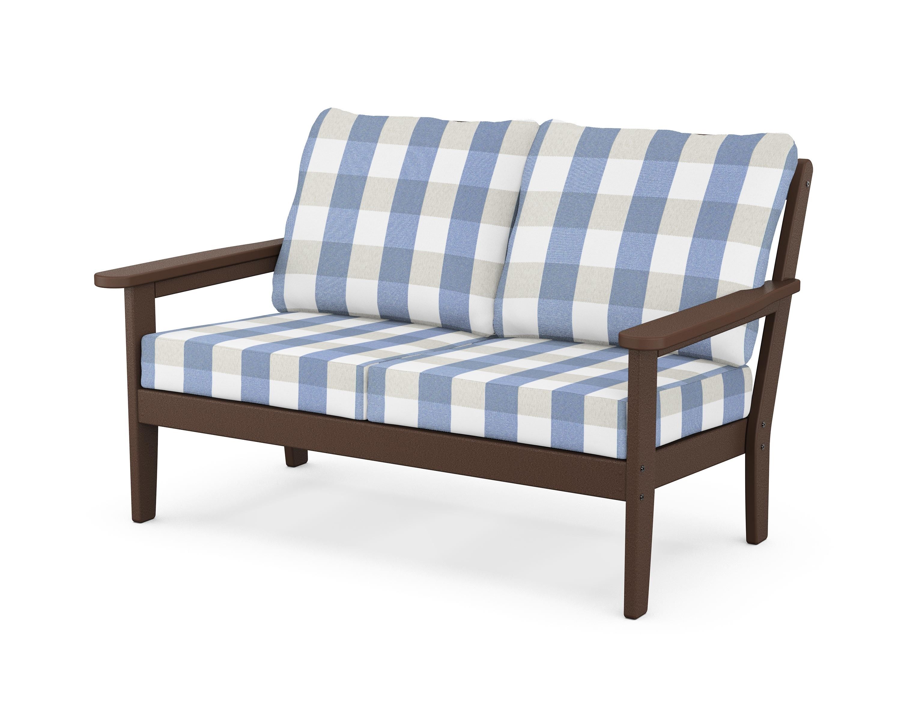 Country Living Cottage Deep Seating Loveseat in Mahogany / Buffalo Plaid Sky Blue