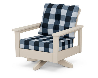 POLYWOOD® Prescott Deep Seating Swivel Chair in Sand / Buffalo Plaid Marine Indigo