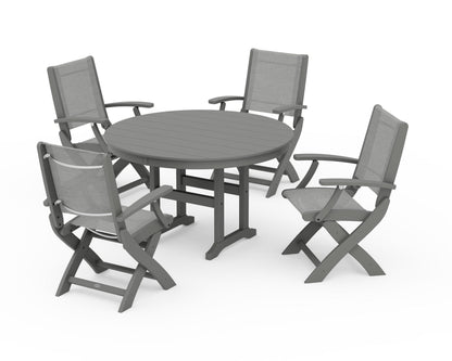 POLYWOOD® Coastal Folding Chair 5-Piece Round Dining Set in Slate Grey / Metallic Sling
