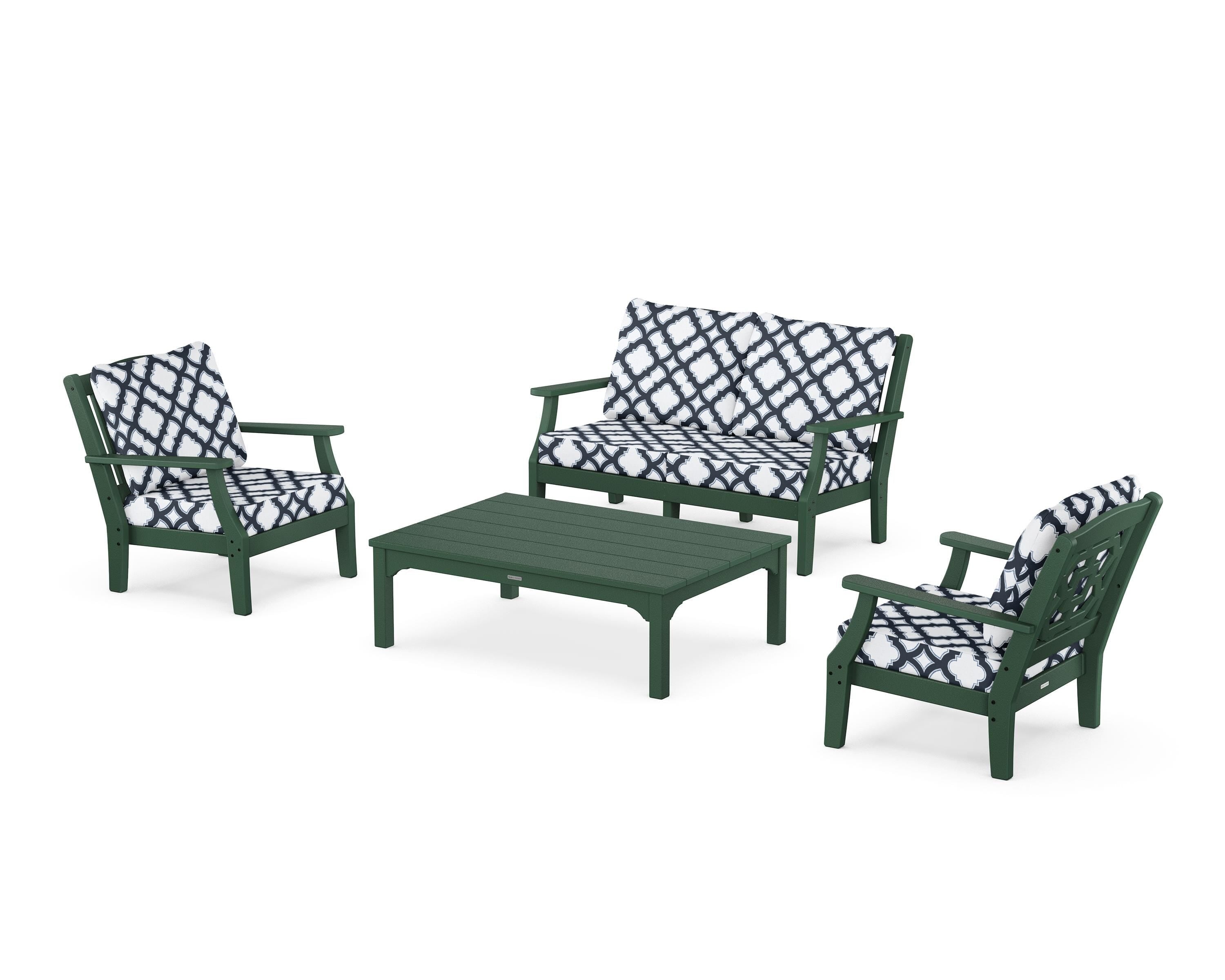 Martha Stewart by POLYWOOD® Chinoiserie 4-Piece Deep Seating Set with Loveseat in Green / Trellis Marine Indigo