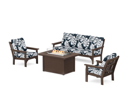 POLYWOOD® Vineyard Deep Seating Fire Pit Table Set in Mahogany / Leaf Marine Indigo