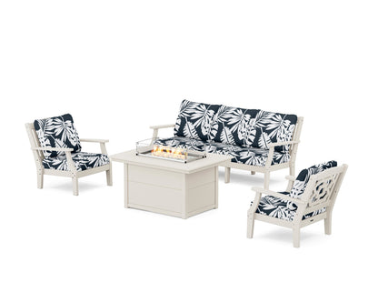 Martha Stewart by POLYWOOD® Chinoiserie Deep Seating Fire Pit Table Set in Sand / Leaf Marine Indigo