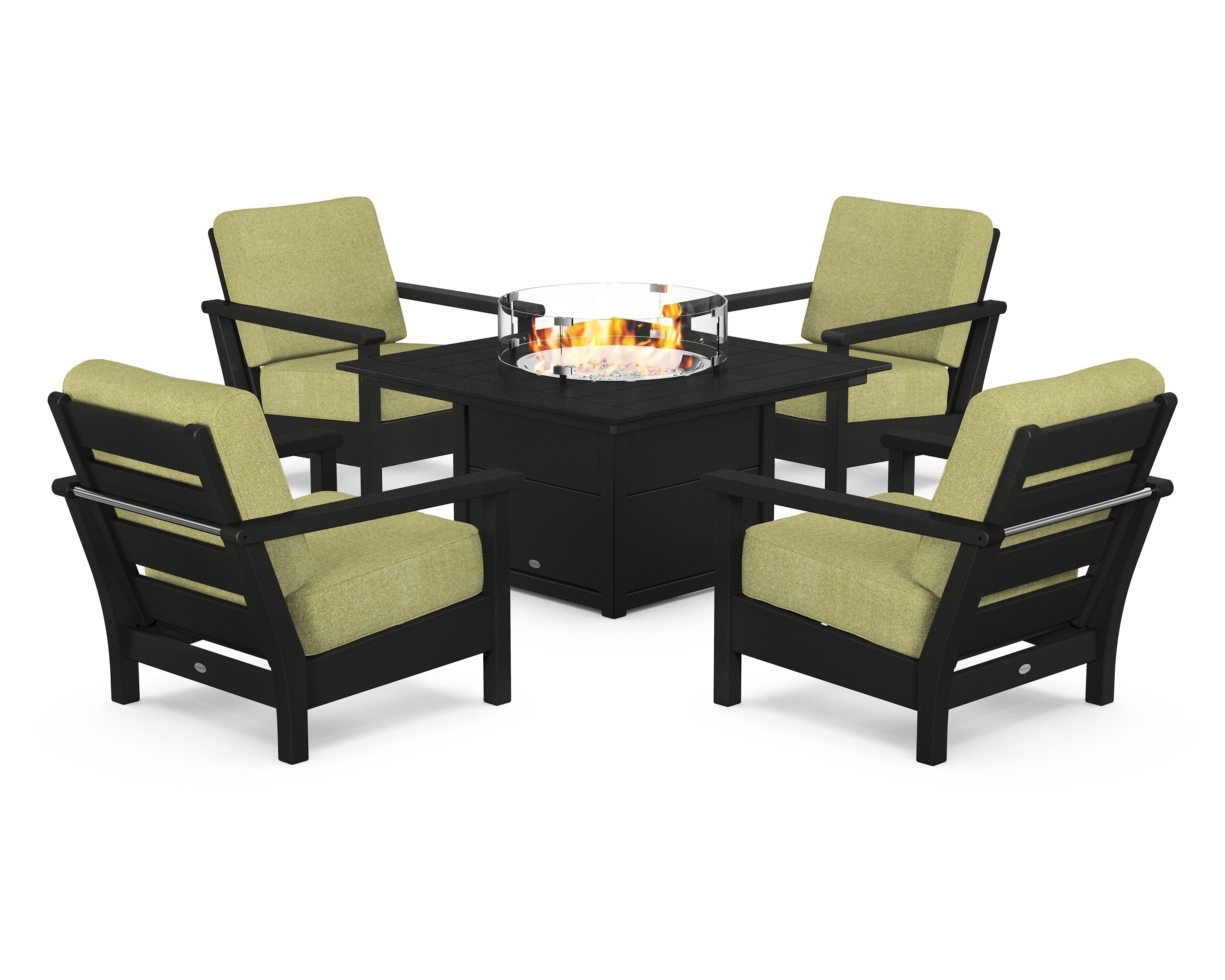 POLYWOOD® Harbour 5-Piece Conversation Set with Fire Pit Table in Black / Chartreuse Boucle