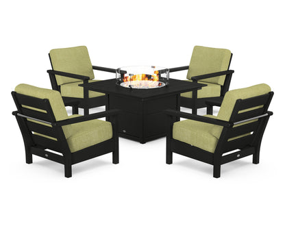 POLYWOOD® Harbour 5-Piece Conversation Set with Fire Pit Table in Black / Chartreuse Boucle