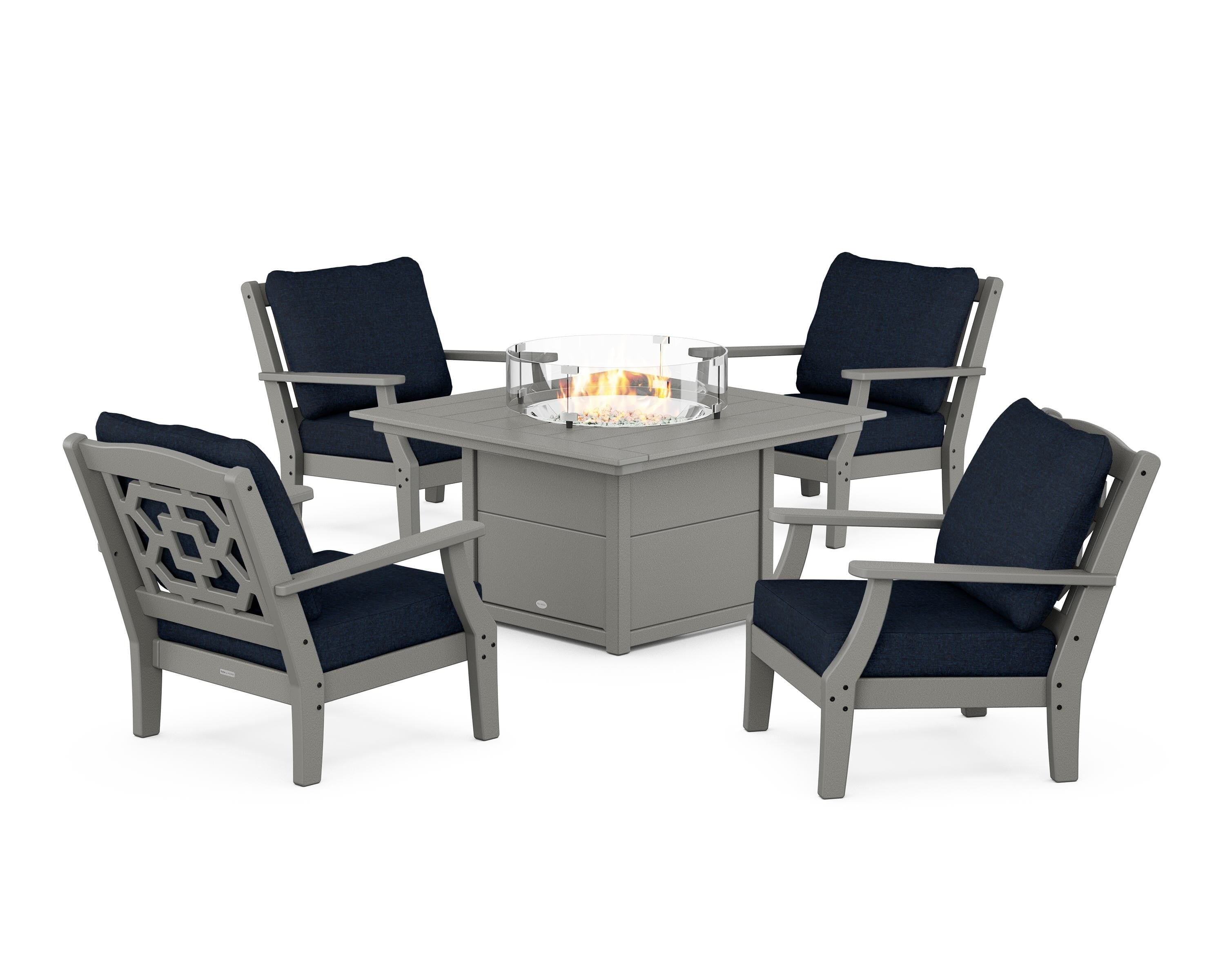 Martha Stewart by POLYWOOD® Chinoiserie 5-Piece Deep Seating Set with Fire Pit Table in Slate Grey / Marine Indigo