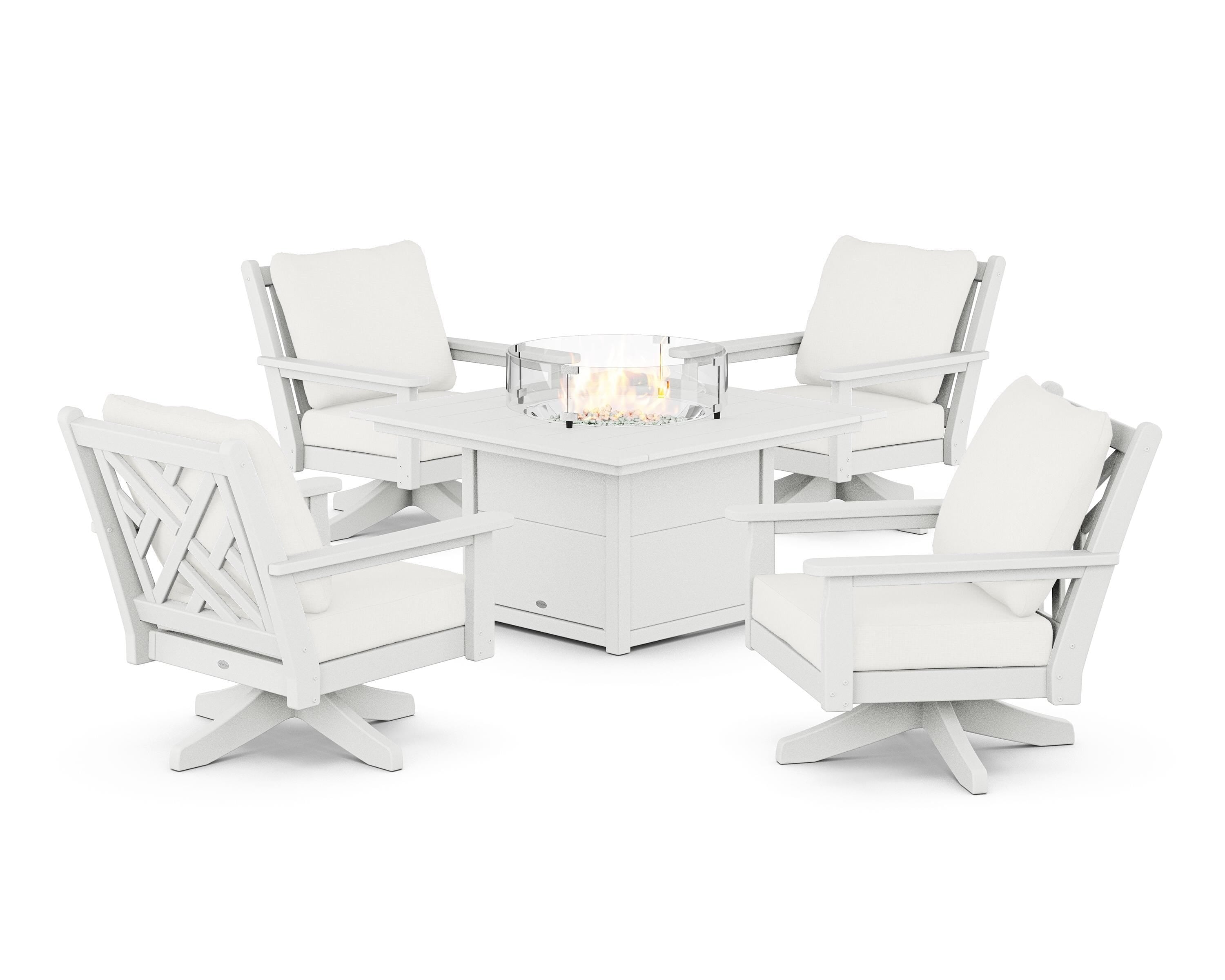 POLYWOOD® Chippendale 5-Piece Deep Seating Swivel Conversation Set with Fire Pit Table in White / Natural Linen