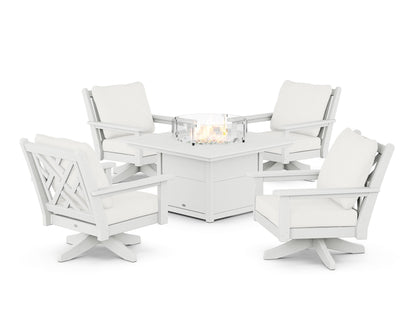 POLYWOOD® Chippendale 5-Piece Deep Seating Swivel Conversation Set with Fire Pit Table in White / Natural Linen