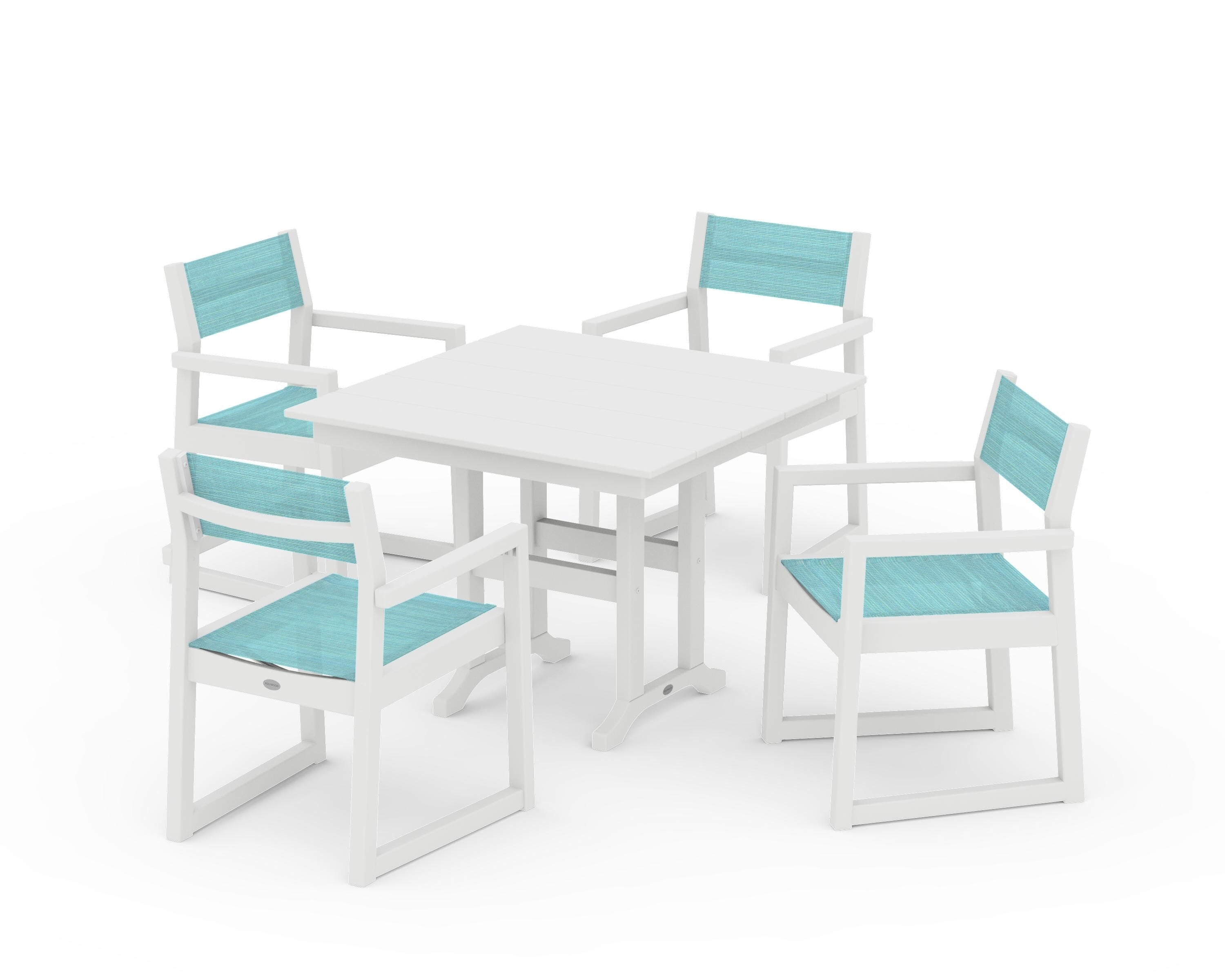 POLYWOOD® EDGE Sling Arm Chair 5-Piece Farmhouse Dining Set in White / Dupioni Aquamarine Sling