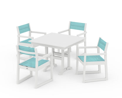 POLYWOOD® EDGE Sling Arm Chair 5-Piece Farmhouse Dining Set in White / Dupioni Aquamarine Sling