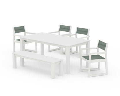 POLYWOOD® EDGE Sling Arm Chair 6-Piece Parsons Dining Set with Bench in White / Dupioni Sea Mist Sling