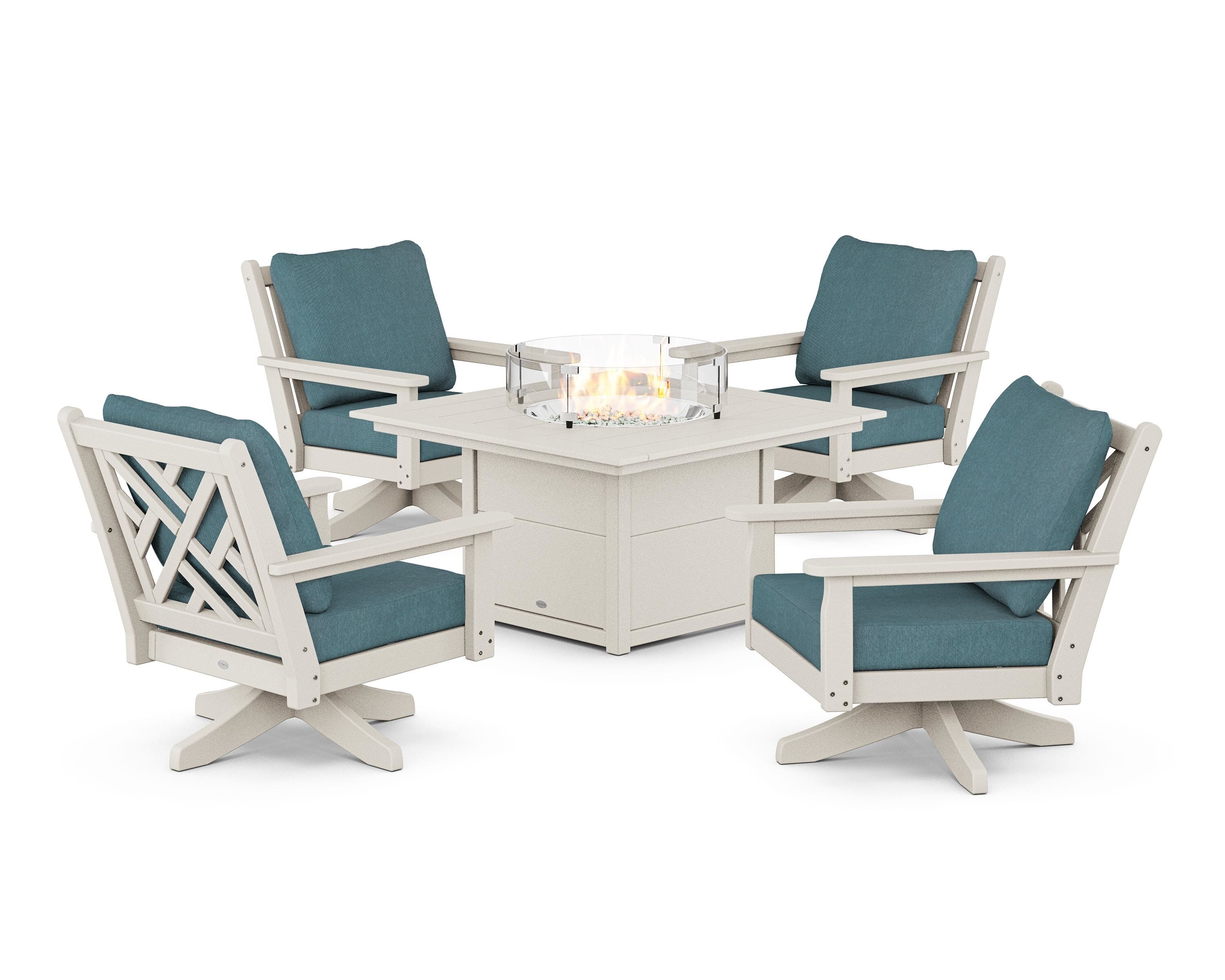 POLYWOOD® Chippendale 5-Piece Deep Seating Swivel Conversation Set with Fire Pit Table in Sand / Ocean Teal