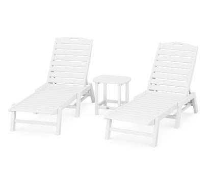 POLYWOOD® Nautical 3-Piece Chaise Lounge Set with South Beach 18" Side Table in White