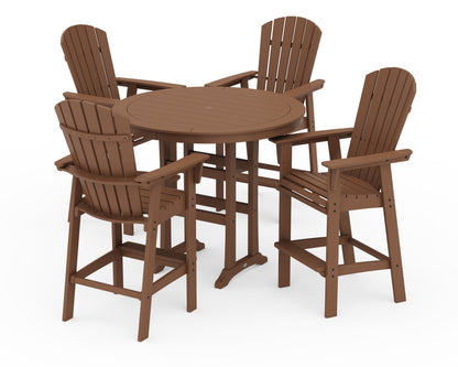 POLYWOOD® Nautical Curveback Adirondack 5-Piece Round Trestle Bar Set in Teak