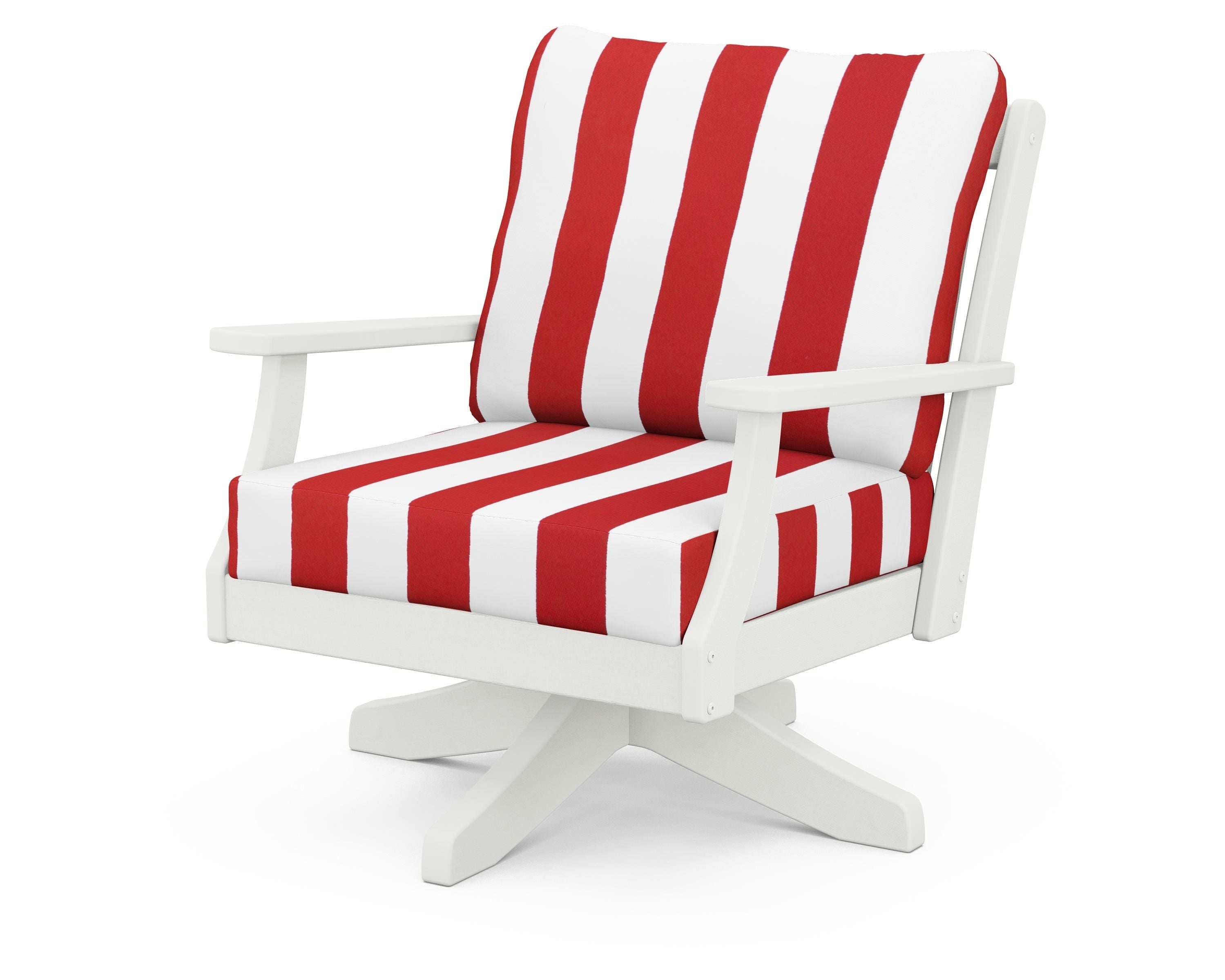 POLYWOOD® Braxton Deep Seating Swivel Chair in Vintage White / Cabana Stripe Crimson