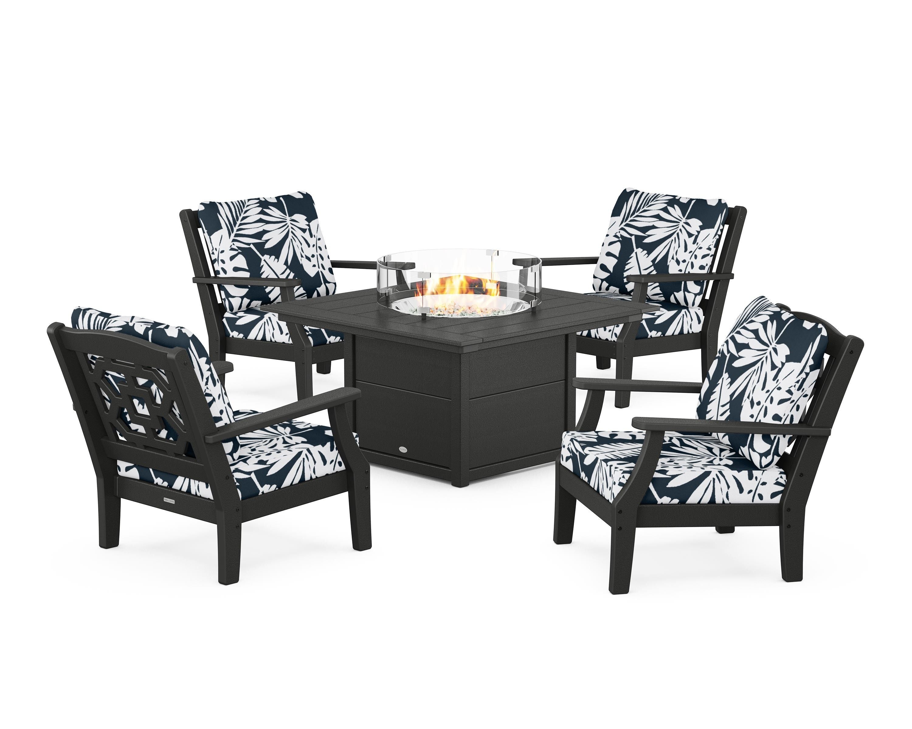 Martha Stewart by POLYWOOD® Chinoiserie 5-Piece Deep Seating Set with Fire Pit Table in Black / Leaf Marine Indigo