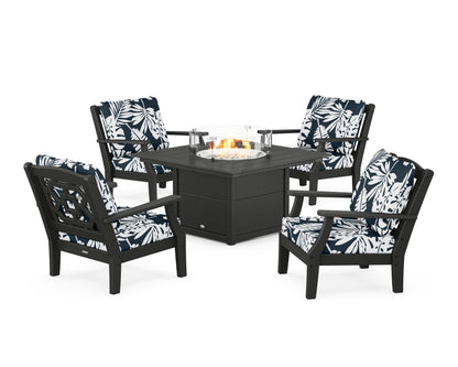 Martha Stewart by POLYWOOD® Chinoiserie 5-Piece Deep Seating Set with Fire Pit Table in Black / Leaf Marine Indigo