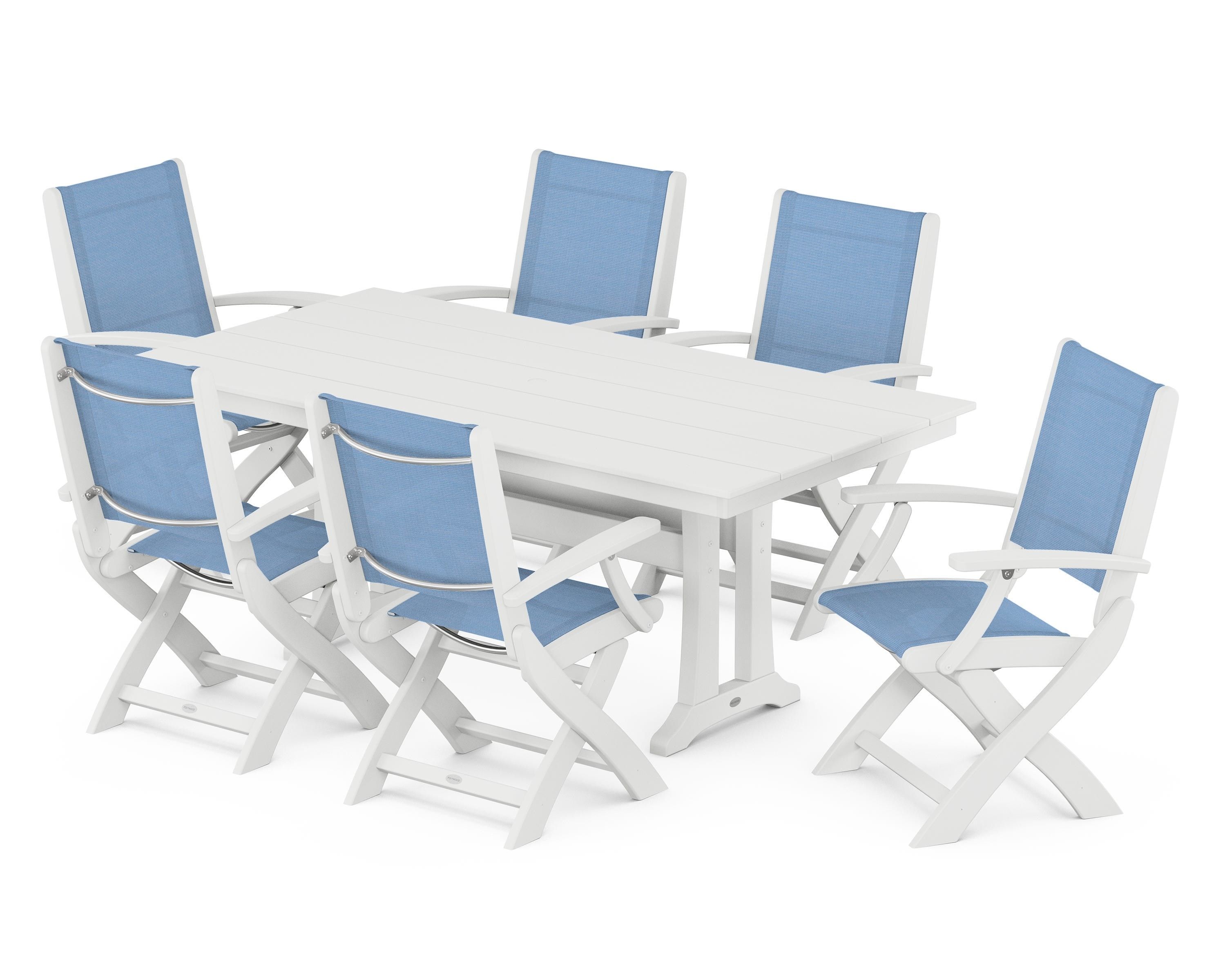 POLYWOOD® Coastal Folding Arm Chair 7-Piece Farmhouse Dining Set with Trestle Legs in White / Poolside Sling