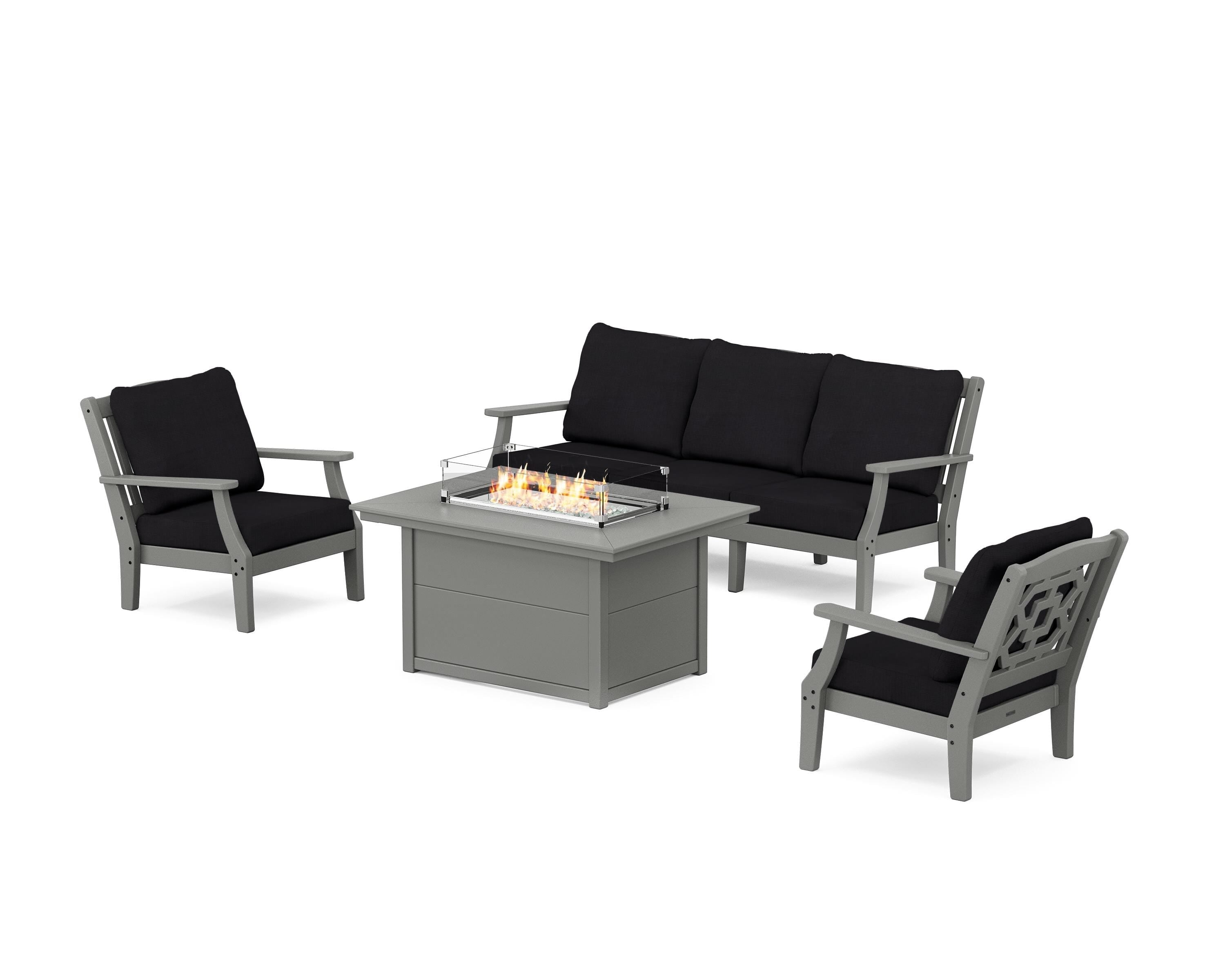 Martha Stewart by POLYWOOD® Chinoiserie Deep Seating Fire Pit Table Set in Slate Grey / Midnight Linen