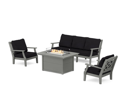 Martha Stewart by POLYWOOD® Chinoiserie Deep Seating Fire Pit Table Set in Slate Grey / Midnight Linen