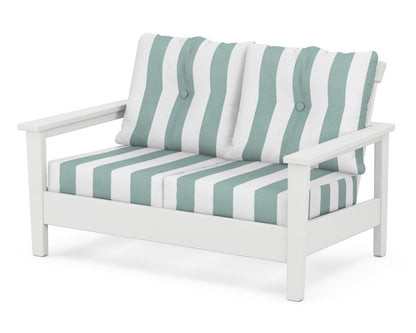 POLYWOOD® Prescott Deep Seating Loveseat in White / Cabana Stripe Glacier Spa