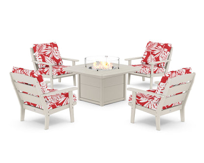 POLYWOOD® Lakeside 5-Piece Deep Seating Set with Nautical Fire Pit Table in Sand / Leaf Crimson