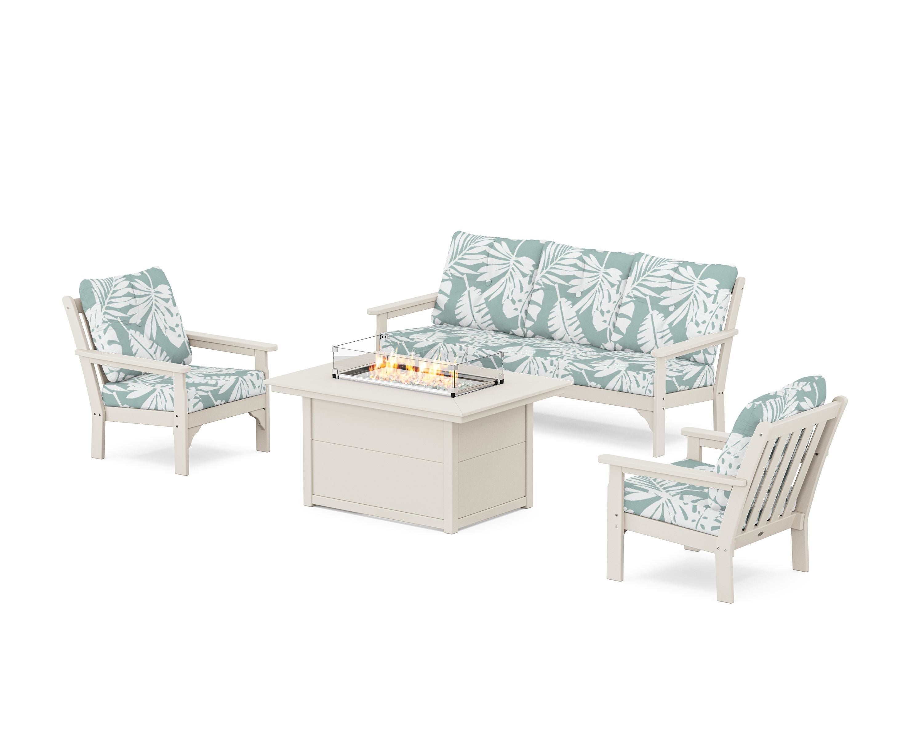 POLYWOOD® Vineyard Deep Seating Fire Pit Table Set in Sand / Leaf Glacier Spa
