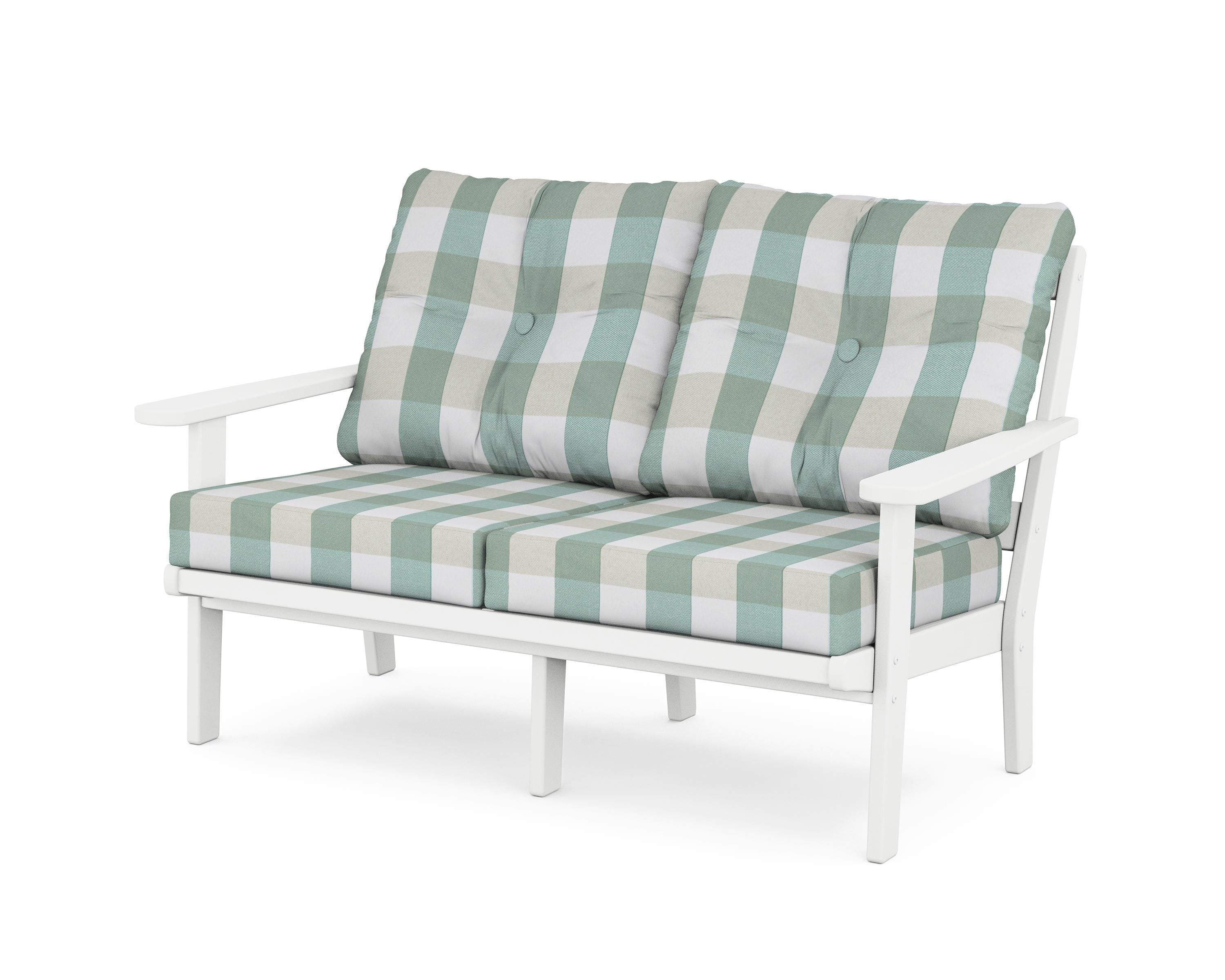 POLYWOOD® Mission Deep Seating Loveseat in White / Buffalo Plaid Glacier Spa