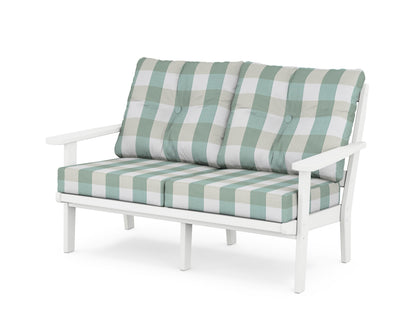 POLYWOOD® Mission Deep Seating Loveseat in White / Buffalo Plaid Glacier Spa