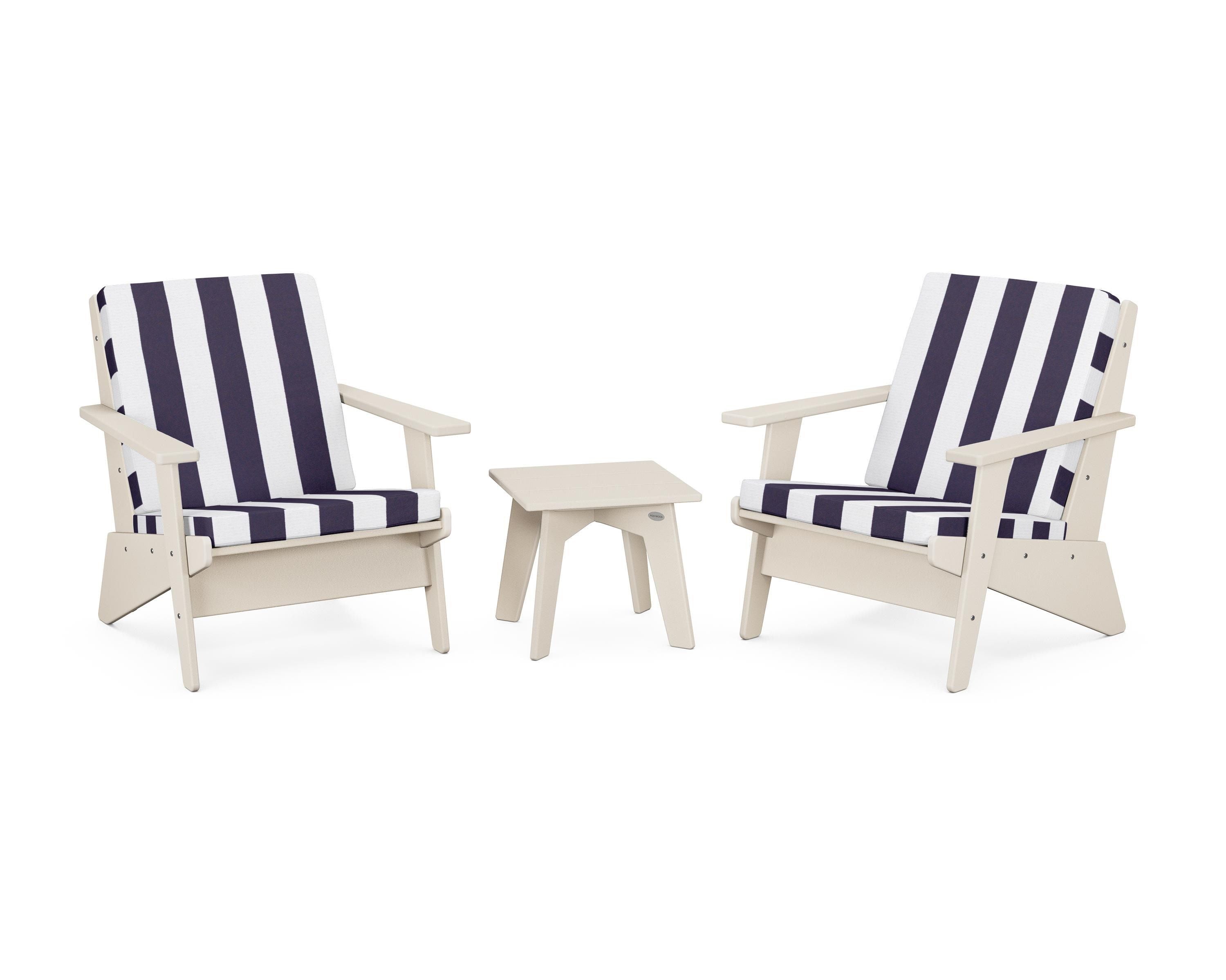 POLYWOOD® Riviera Modern Lounge 3-Piece Set in Sand / Cabana Stripe Navy