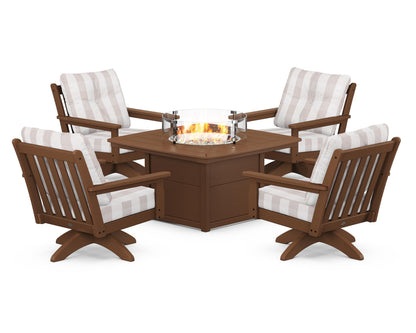 POLYWOOD® Vineyard 5-Piece Deep Seating Swivel Conversation Set with Fire Pit Table in Teak / Buffalo Plaid Dune Burlap