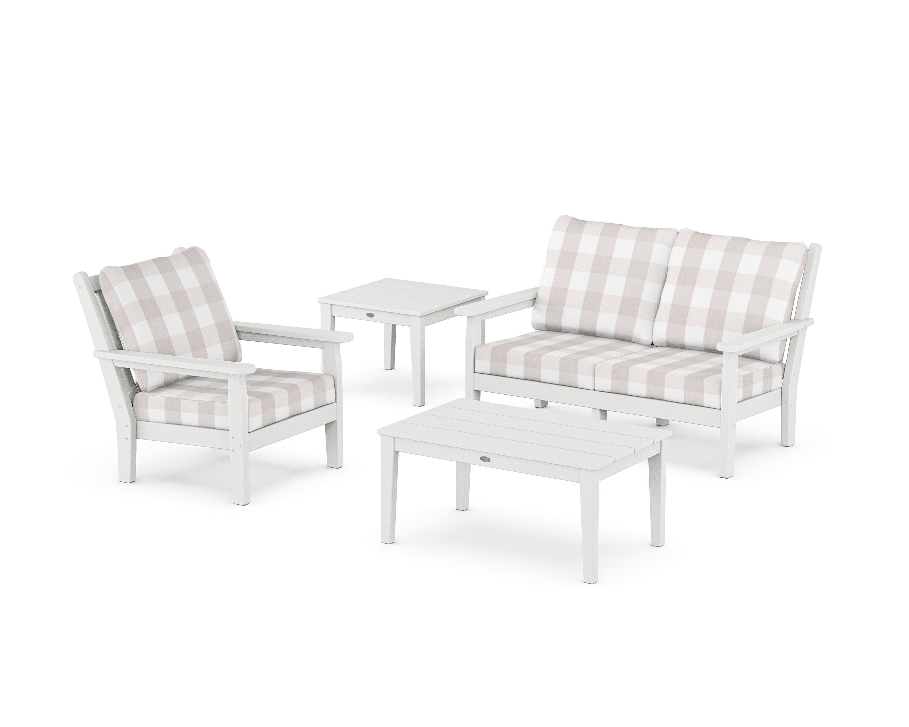 POLYWOOD® Chippendale 4-Piece Deep Seating Set in White / Buffalo Plaid Dune Burlap