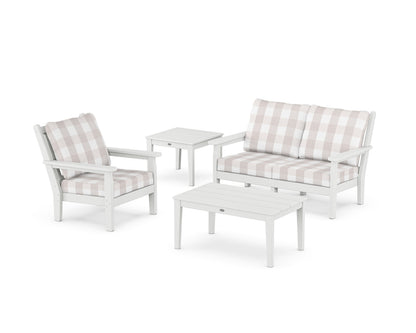POLYWOOD® Chippendale 4-Piece Deep Seating Set in White / Buffalo Plaid Dune Burlap